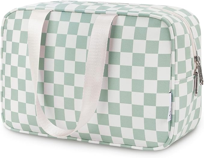 Narwey Large Capacity Travel Toiletry Bag Women, Checkered Makeup Bag with Handle, Portable Make up Cosmetic bag Organizer, Travel Bag for Toiletries, Skincare, Medicine, Essentials (Green Checker)