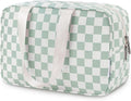 Narwey Large Capacity Travel Toiletry Bag Women, Checkered Makeup Bag with Handle, Portable Make up Cosmetic bag Organizer, Travel Bag for Toiletries, Skincare, Medicine, Essentials (Green Checker)