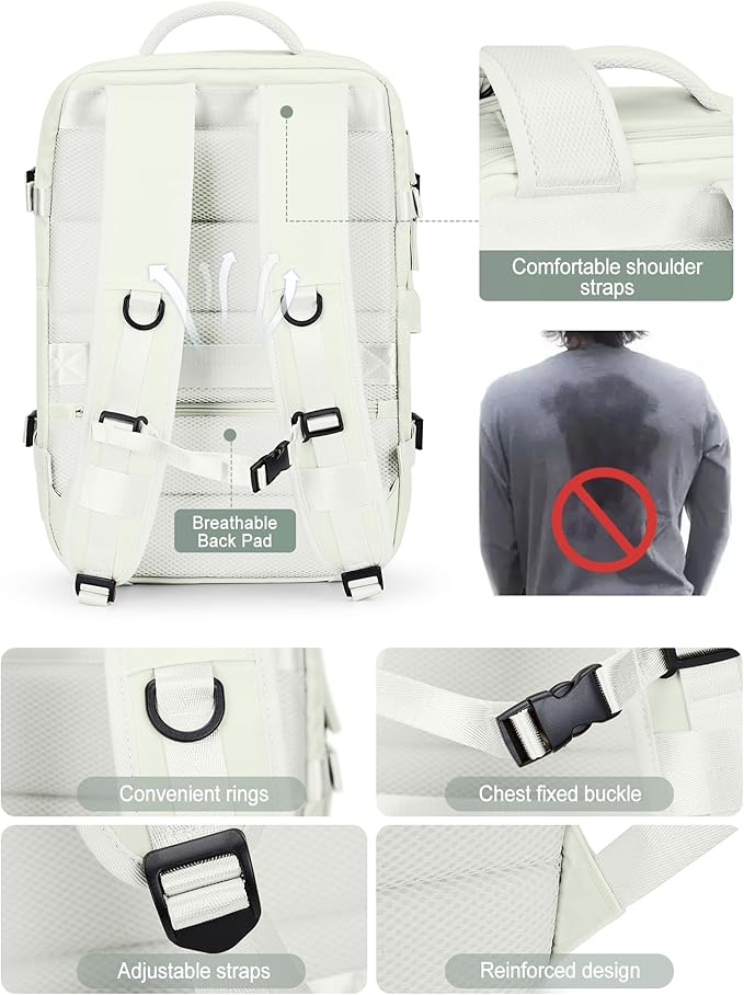 VGCUB Large Travel Backpack Bag for Women Men,Carry on Backpack,17 Inch Laptop Business Work Waterproof Backpack with Laptop Compartment,Person Item Flight Approved,Mochila de Viaje,White Expandable