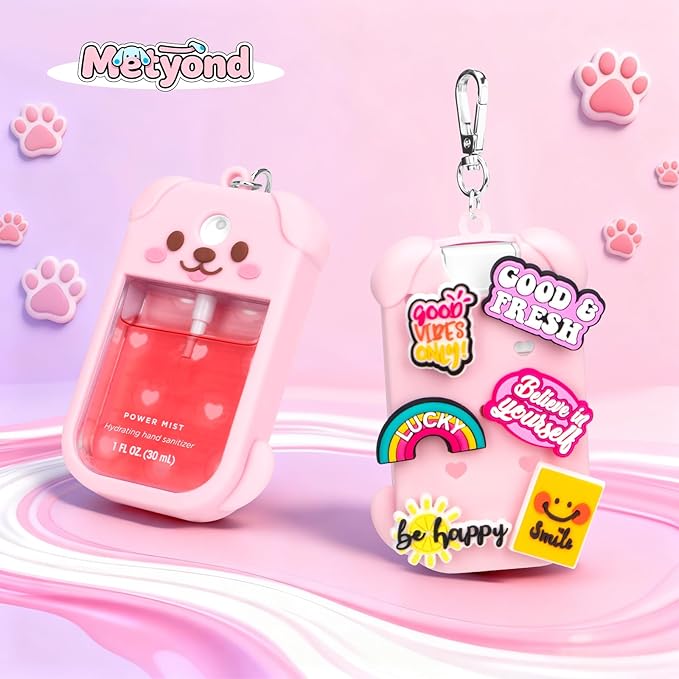 Metyond Dog Silicone Case for Touchland Hand Sanitizer Spray Power Mist 1 FL OZ/30ML for Touchland Case with Keychain, with Cute Charms Accessory Cute Travel Case (1PCS Pink)