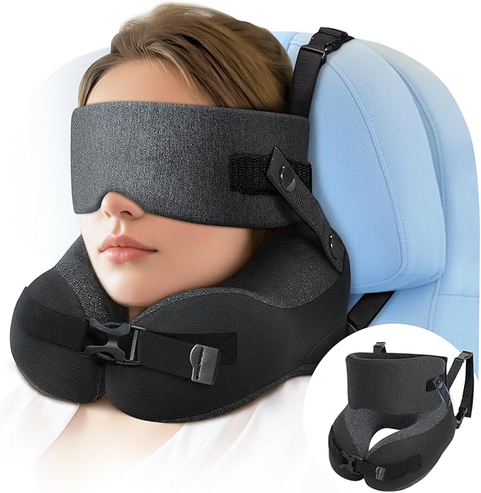 Travel Pillow for Long Flight Airplanes, Head Strap with Soft Eye Mask for Sleep, Memory Foam Travel Neck Pillow for Car Trip Essential, 360° Headrest Support to Stop Bobblehead, EVA Travel Case, Grey