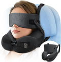 Travel Pillow for Long Flight Airplanes, Head Strap with Soft Eye Mask for Sleep, Memory Foam Travel Neck Pillow for Car Trip Essential, 360° Headrest Support to Stop Bobblehead, EVA Travel Case, Grey