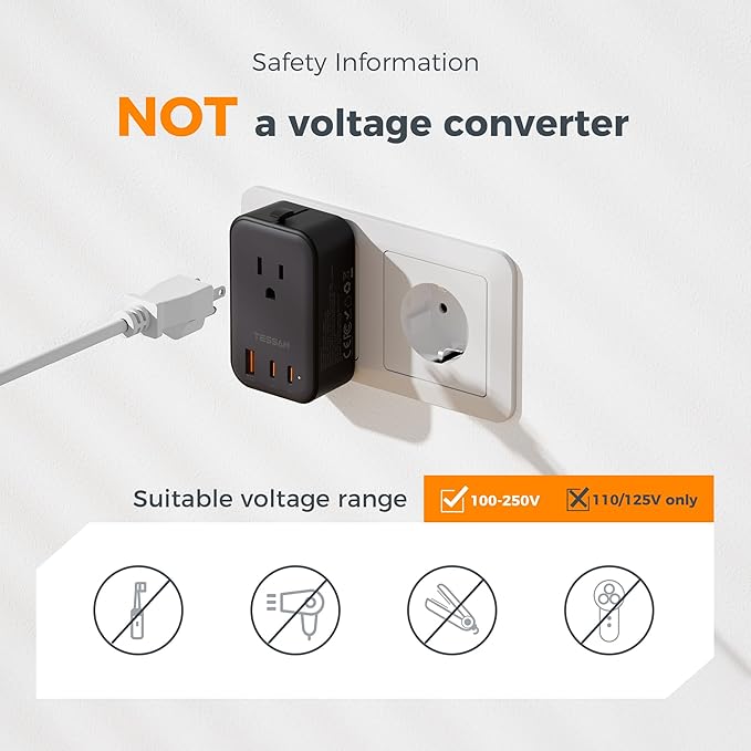 TESSAN International Power Adapter PD 20W, Ultra Thin Universal Adapter, Worldwide Outlet Plug with 2 USB C 1 USB A for US to Europe UK Spain Australia France Germany Thailand (Type C G A I), Black