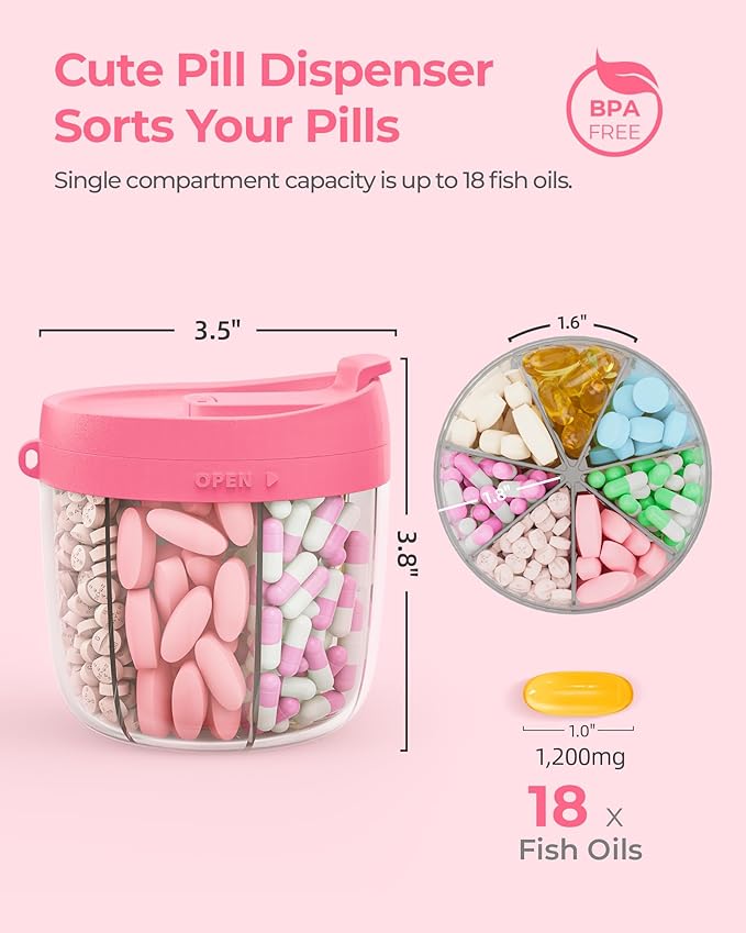 AMOOS Cute Pill Dispenser with 7 Large Compartments, Portable Pill Bottle Organizer with Wide Opening for Easy Use, Anti-Mix Pill Organizer for Travel, BPA-Free Pill Container, Hot Pink