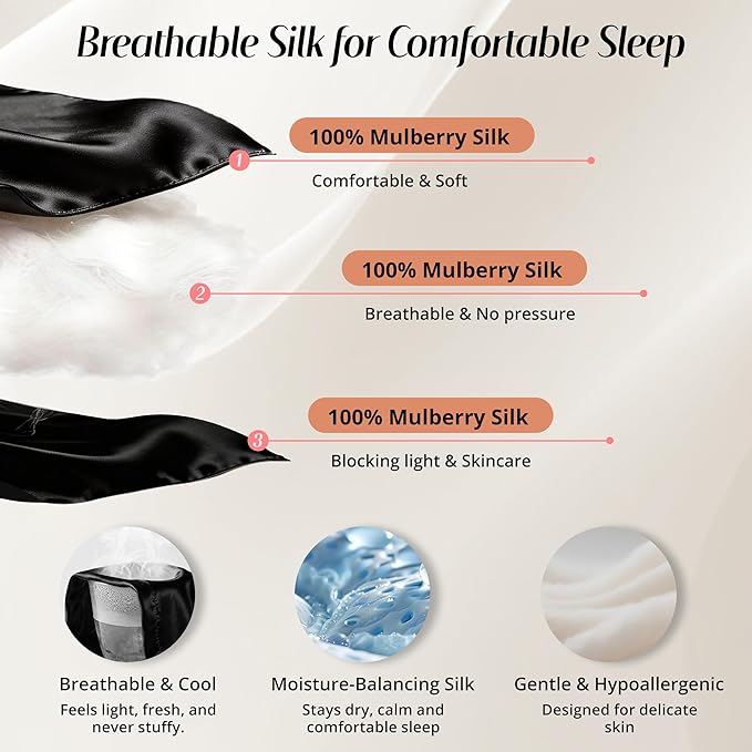 Silk Sleep Mask for Women: 100% Mulberry Silk Eye Mask, Black Back Sleeping Mask for Light Blocking, Soft Wavy Edge Eye Cover and Adjustable Strap, Travel & Sleep Gift (Black)
