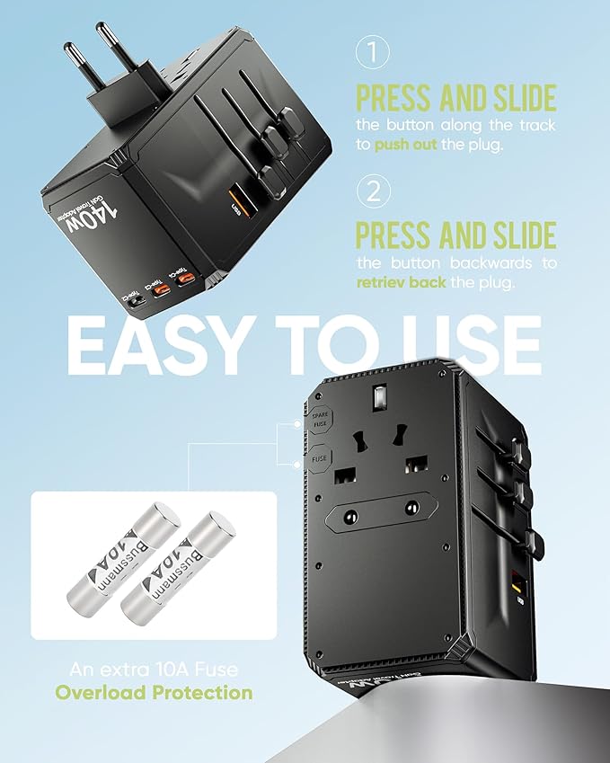TenTrend Universal Travel Adapter, 140W International Power Adapter with 4 USB-C & 1 USB-A Ports, European Travel Plug Adapter, Worldwide Travel Essentials for EU UK AUS USA