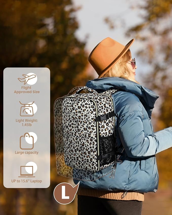 Pritent Travel Backpack for Women Man, Waterproof Laptop Backpack Travel Bag Airline Approved Carry on Weekender Overnight Bag Bookbag for Business,Travel, Work Fits 17.3 inch Laptop(Large,Leopard)