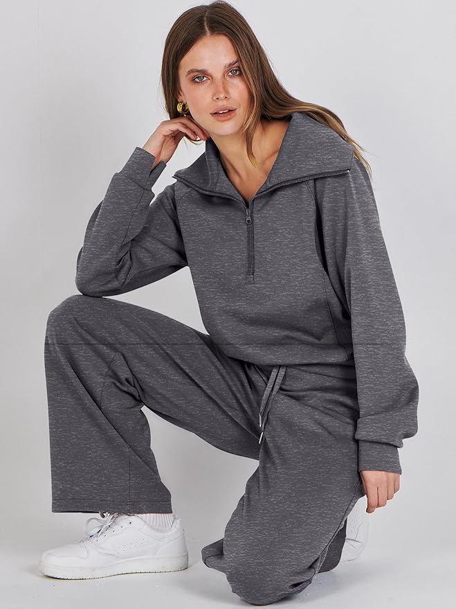 ANRABESS Women 2 Piece Outfits 2025 Fall Fashion Airport Wide Leg Pants Lounge Set Leisure Travel Vacation Clothes Sweatsuits