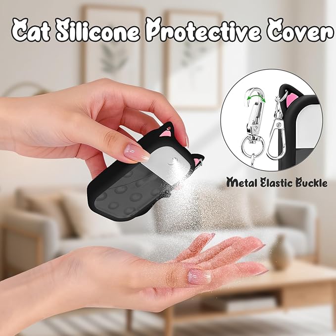 Cat Silicone Case for Touchland Hand Sanitizer Spray with Keychain&Charms,Compatible with Power Mist & Glow Mist 1 FL Oz/30ML for Touchland Case,Cute Travel Cover Sleeve Accessory (Black Cat)