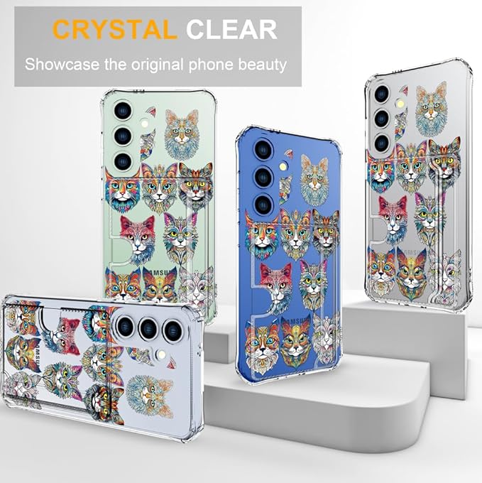 Compatible with Samsung Galaxy S24+ Plus / S25+ Plus Case Card Holder for Women Cute Design,Wallet Phone Cases Transparent Cool Kawaii Protective (Clear Tattoo Cats Animal)