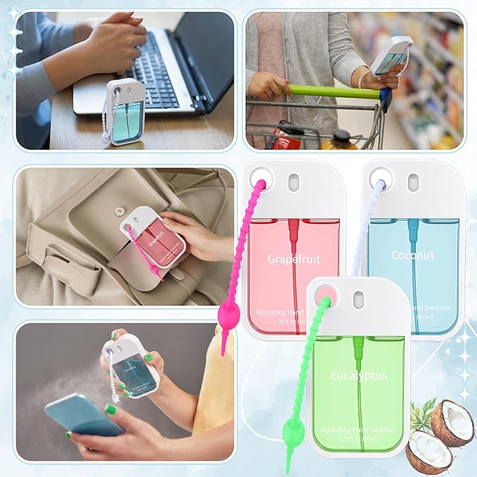 3 Pcs Hydrating Hand Sanitizer Spray 1.35 oz Scented Hand Sanitizer with Keychain Pocket Power Mist Travel Size Moisturizing Sanitizing for Adults Backpack Office Thank You Gifts for Teachers