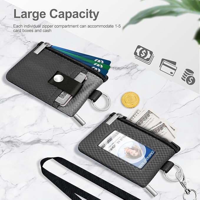 Minimalist RFID Blocking Small Wallet with ID Window,WaterResistant Zip Id Case Wallet with Lanyard Keychain for Cards,Cash,Travel,Women,Men (DardGray/LightGray)