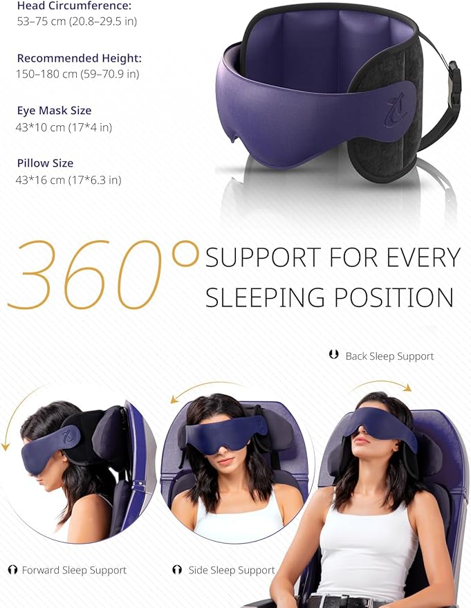 Travel Pillow, Airplane Pillow with 3D Eye Mask for Sleeping, Round Edge Plane Head Strap 360°Headrest Support for Long Flight, Stop Bobblehead, Travel Essential for Car Road Trip Purple