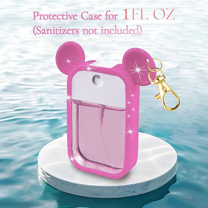 TERPINK Silicone Case Compatible with Touchland Hand Sanitizer Spray 1 fl oz, Mouse Design Protective Case with Keychain, Hand Sanitizer Spray Accessory 1 Pack (Glitter Sequin Hot Pink)