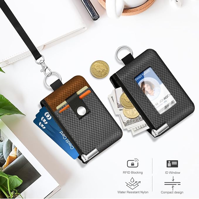 Minimalist RFID Blocking Small Wallet with ID Window,WaterResistant Zip Id Case Wallet with Lanyard Keychain for Cards,Cash,Travel,Women,Men（Drak Grey/Brown）