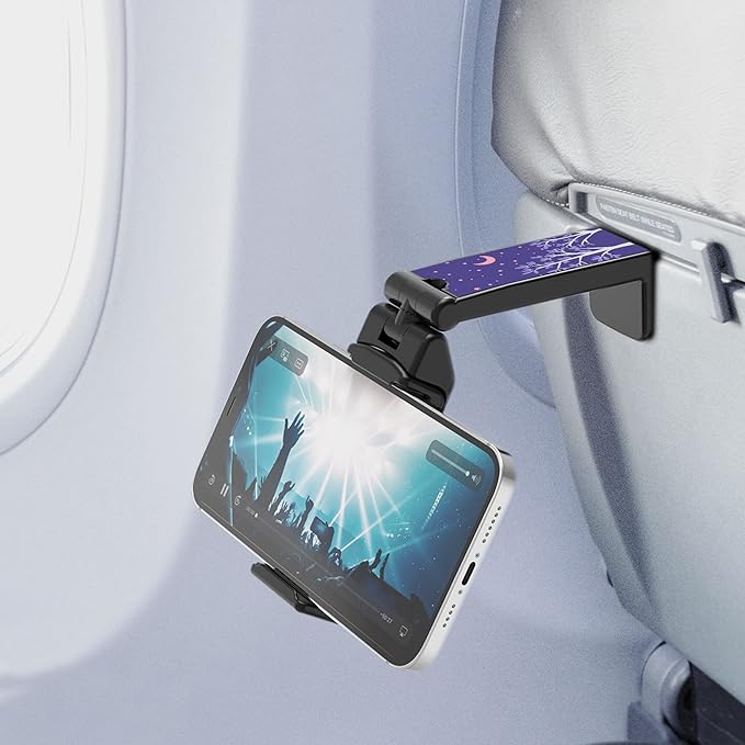 Beyond Cell Travel Accessories, Universal Seat Back Tray Table Hands Free Phone Clip Holder, Adjustable Pocket Size Airplane Travel Essentials Compatible with iPhone and Android Purple Night