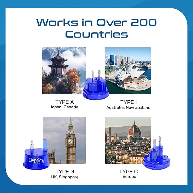 Ceptics Travel Adapter Plug Compact Worldwide International Kit - Works in Europe, Asia, China, England, Italy, New Zealand, Australia and More