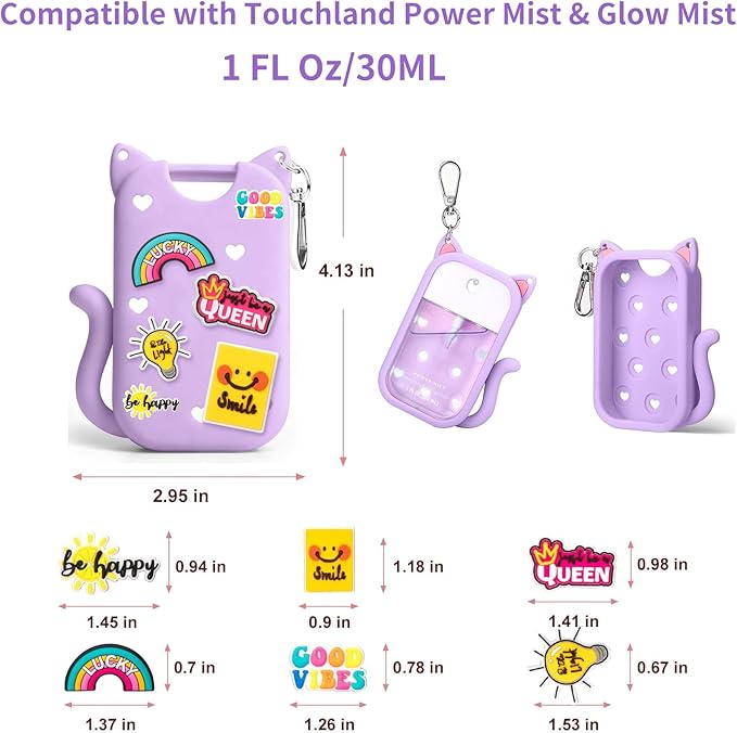 Silicone Case for Touchland Hand Sanitizer Spray, Compatible with Touchland 1 FL OZ/30ML with Keychain & 8 Charms, Cute Hand Sanitizer Travel Accessories, Mothers Day Gifts (White+Purple)