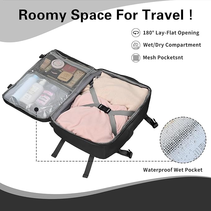 Carry On Backpack for Women & Men – Airline Approved Underseat Size, 15.6" Laptop Compartment, TSA-Friendly 180° Opening, Anti-Theft Business Travel Backpack with Trolley Sleeve (Black, Medium)