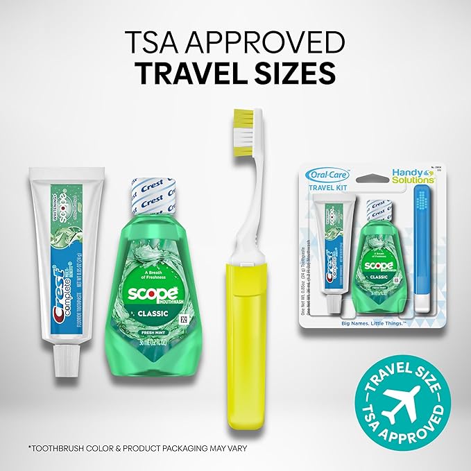 Handy Solutions Oral Care 3-Piece Travel Size Set w/Mouthwash, Toothpaste, & Folding Toothbrush (Pack of 6), TSA Approved