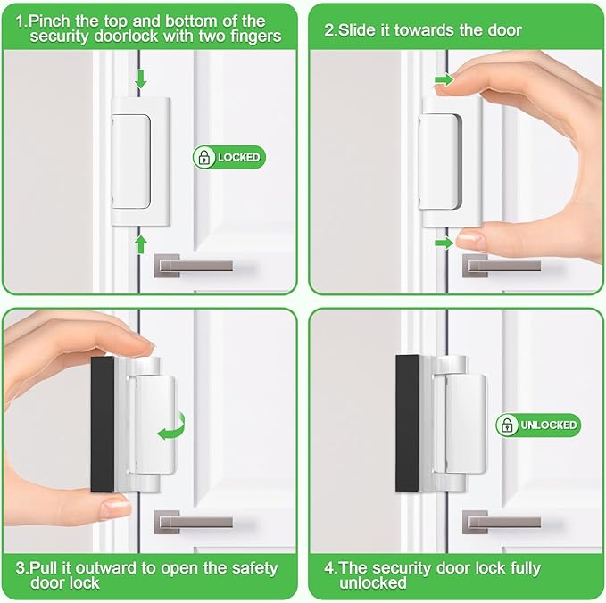 2 Pack Home Security Door Lock, Childproof Door Reinforcement Lock with 3 Inch Stop Withstand 800 lbs, Door Safety Locks for Front Door, Night Kids Safety Flip Lock to Defend Your Home, White