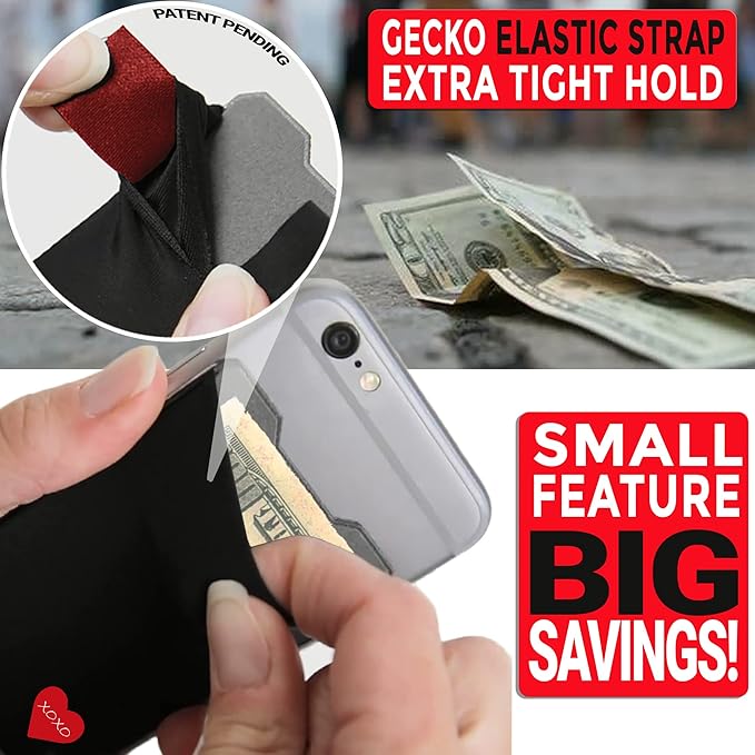 Phone Wallet - Adhesive Card Holder - Cell Phone Pouch - Stick on Lycra Pocket by Gecko - Carry Credit Cards and Cash