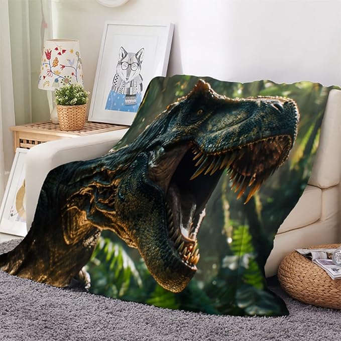 3D Dinosaur Blanket Queen Size, Fleece Blanket for Couch Bed Sofa, Wildlife Animal Blankets and Throws, Jungle Dinosaur Super Soft Cozy Plush Flannel Blanket, 90 x 90 in, Plant Leaf Tropical