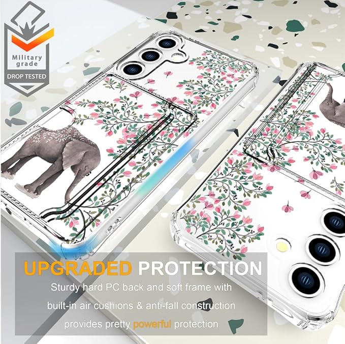 Compatible with Samsung Galaxy S24+ Plus / S25+ Plus Case Card Holder for Women Cute Design,Wallet Phone Cases Transparent Cool Kawaii Protective (Clear Elephant Flowers)