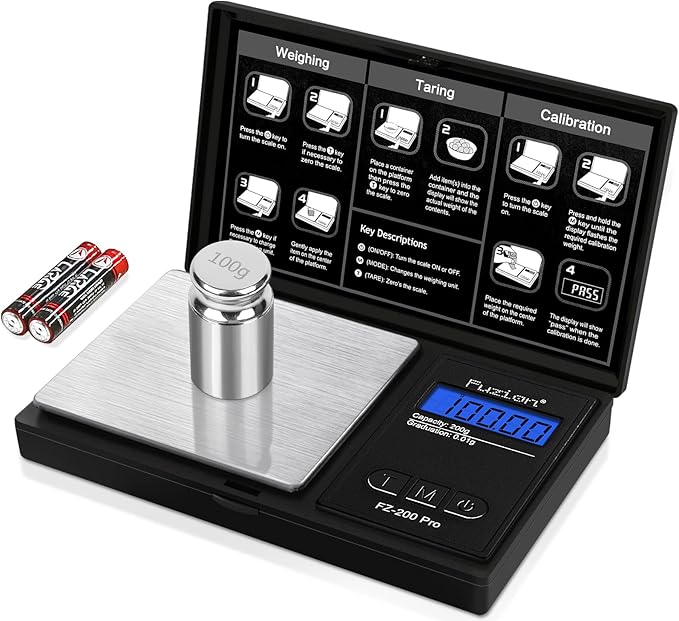 Fuzion Gram Scale, Pocket Scale .01 Gram Accuracy, 200g Small Digital Scale for Food, Jewelry, Herb, Spice, Coin - Weight Gram and Oz - 100g Calibration Weight