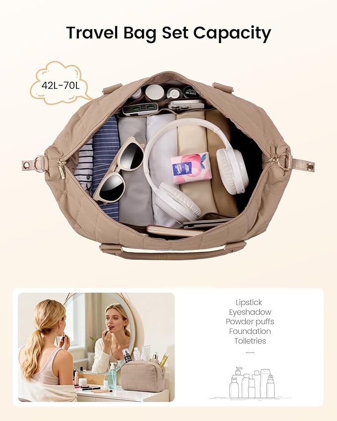 LOVEVOOK Travel Duffel Bag - Versatile Weekender Bag for Women, Puffer Carry On & Overnight Bag for Short Trips, Beige
