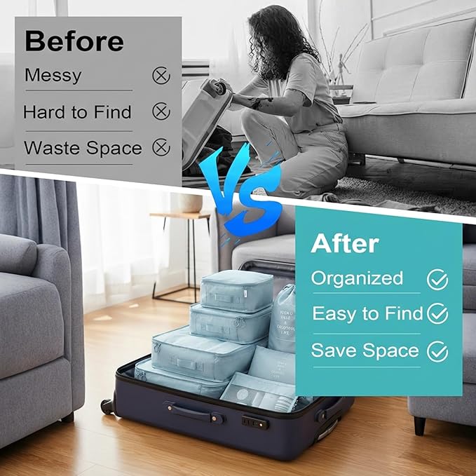 11 Set Packing Cubes for Travel,Gifts for Women Mom,Anti-Tearing Suitcase Organizer for Luggage with Shoe & Hanging Toiletry Bag, Toiletries Travel Bottles, 3 Portable Toothbrush Cases, Blue
