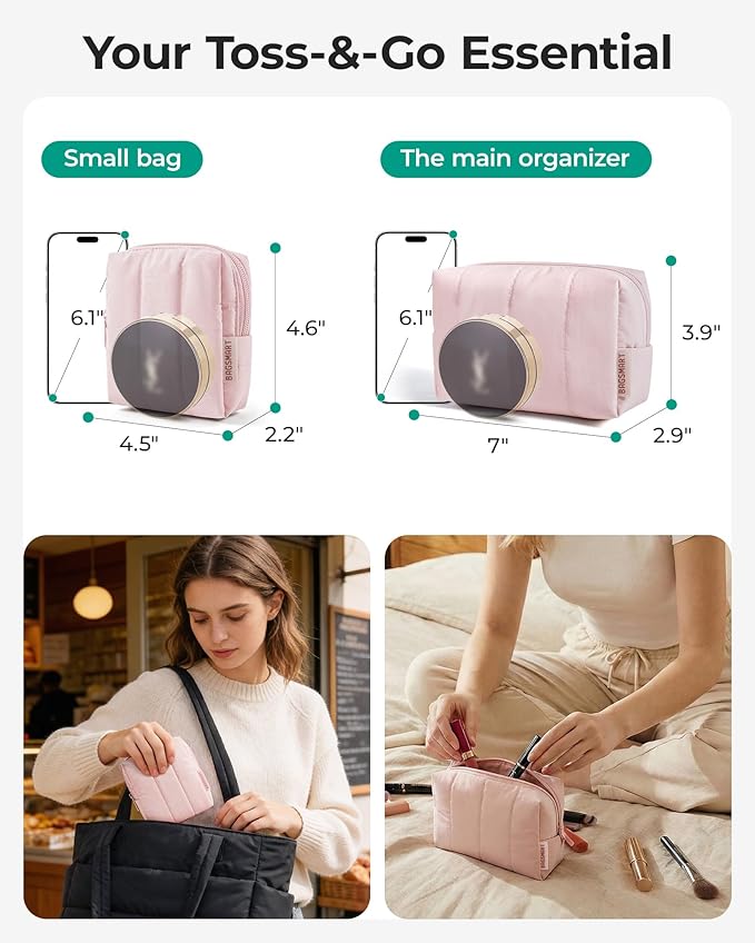 BAGSMART Makeup Bag Duo Set, Puffy Padded Travel Cosmetic Organizer with Slip-in Pockets, Large Toiletry Bag & Small Purse Pouch, Travel Essentials for Women, Blue Ditsy Floral