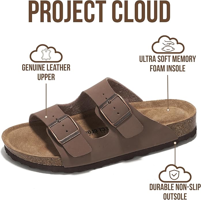 Project Cloud 100% Genuine Leather Flat Sandals For Women 2026 Cork Footbed Womens Sandals with Memory Foam and arch support Vacation Essentials Slides for Women Footwear (Venita)