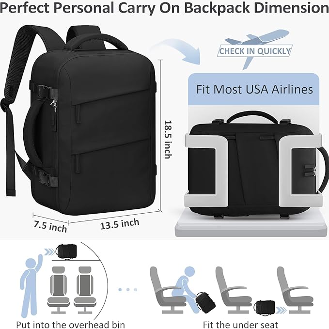 Tenot Large Travel Backpack Personal Item Size for Women Men TSA Approved Waterproof 17 Inch Laptop Backpack College Business Work Weekender Hiking Travel Essentials Backpack Black