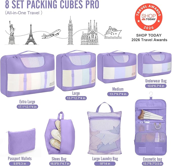 Veken 8 Set Packing Cubes for Travel Essentials, Suitcase Organizer Bags in 4 Sizes, Carry-On Luggage Accessories with Large Laundry Bag & Passport Holder, Must-Have for Airplane, Road Trip & Camping