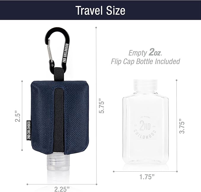 2nd Childhood Travel Hand Sanitizer Keychain – Small Refillable 2 oz Bottle with Clip-On Holder – Portable Sanitizer Case for Purse, Backpack, Gym Bag