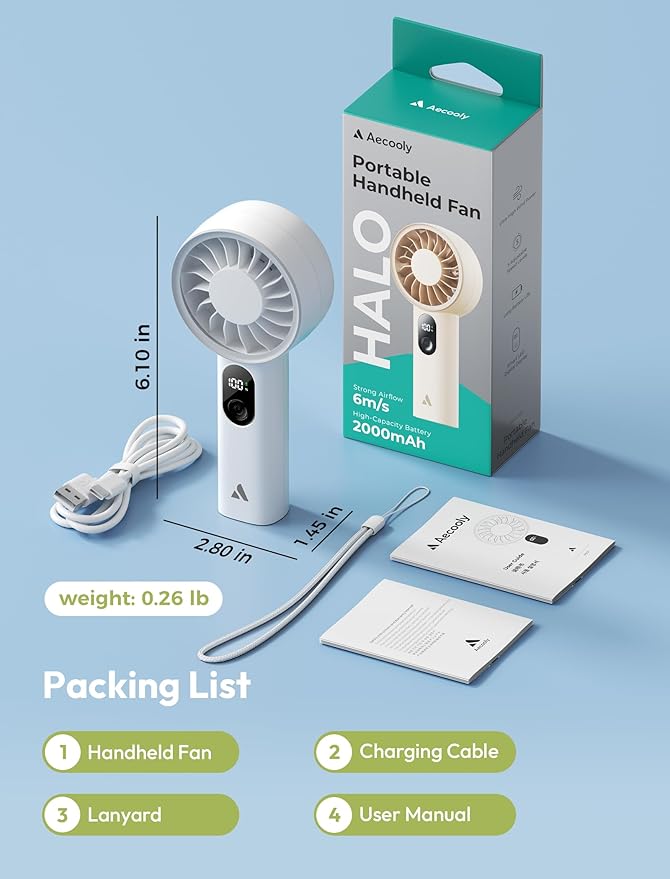 Aecooly Mighty Portable Fan, Powerful Handheld Fan, USB Rechargeable [10H Max Cooling Time], Mini Personal Battery Powered, Pocket for Travel, Summer, Gifts for Women, Girls -White