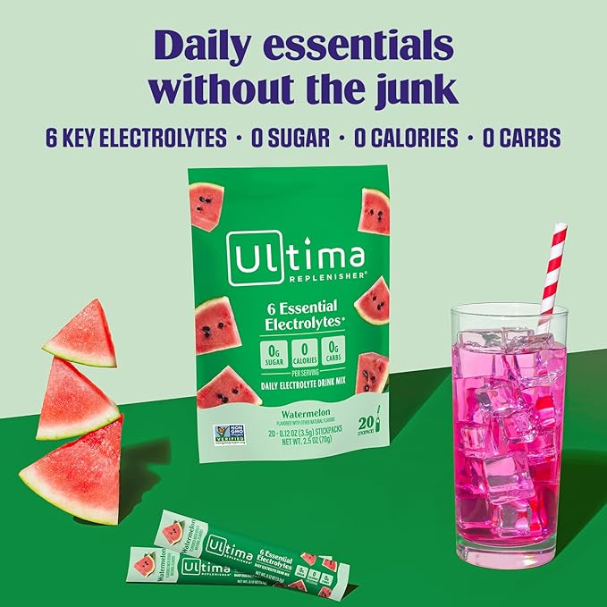 Ultima Replenisher Daily Electrolyte Powder – Watermelon, 20 Stickpacks – Zero Sugar Hydration Packets with 6 Electrolytes and Minerals – Sugar Free, Plant Based & Keto Friendly Drink Mix