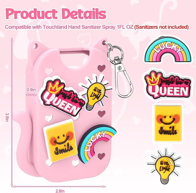 Mity rain Hand Sanitizer Spray Case Compatible With Touchland, Cute Silicone Hand Sanitizer Holder Keychain with 4 Charms, Portable Refillable Sanitizer Accessory, Gift for Women And Teens