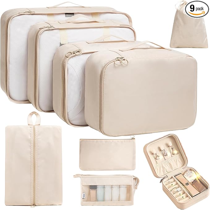 TRAILKICKER 9 Set Packing Cubes for Carry on Suitcase Travel Organizer Bags for Luggage Suitcase Organizer Bags Packing Cube Set for Packing Women Men (Beige)
