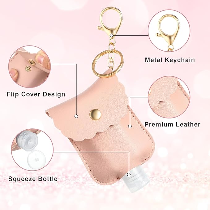 2Pcs Hand Sanitizer Holder Keychain, 60ml Portable Leather Sanitizer Travel Size Keychain Hand Sanitizer Case Refillable Container for Toiletry Lotion Liquid Soap Shampoo (Black, Pink)