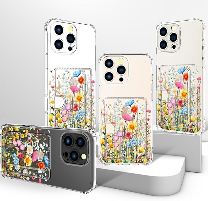 Compatible with iPhone 16 Pro Case Card Holder for Women Cute Design,Wallet Phone Cases Transparent Cool Kawaii Protective (Clear Flowers Herbs Wild Plants)