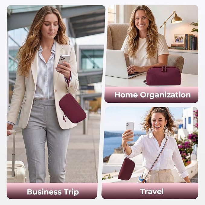 FYY Travel Cable Organizer - 8 Compartments Lightweight Water Resistant Tech Pouch with Wrist Strap, Electronic Accessories Case for Cord Charger Storage for Travel Home Office, Wine Red (Medium)