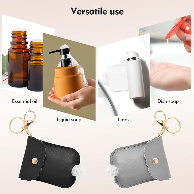 2Pcs Reusable Hand Sanitizer Holder, Portable Leather Leakproof Hand Sanitizer Keychain for Travel Outdoor (Grey+Black)