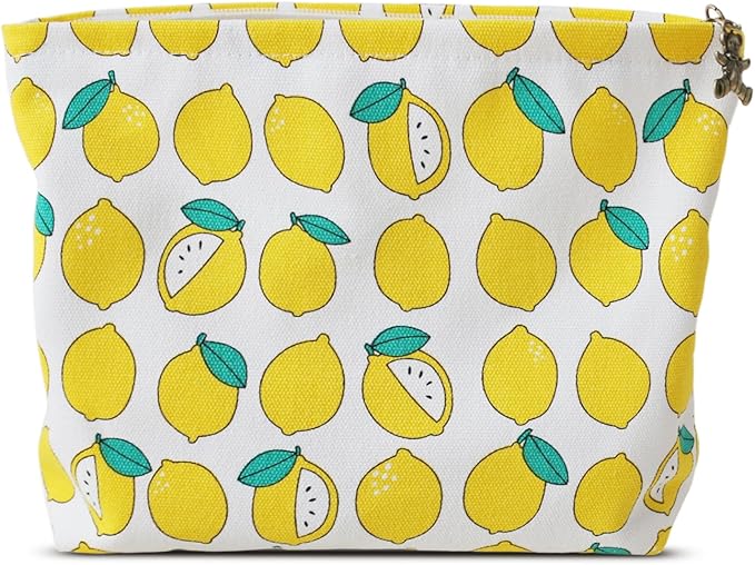 HAPPYHEIDI Canvas Makeup Bag, Cosmetic Travel Pouch, Cute Lemon, Cotton Blend, Fruit Pattern, Zipper Closure, 7.1x2.4x7 Inches