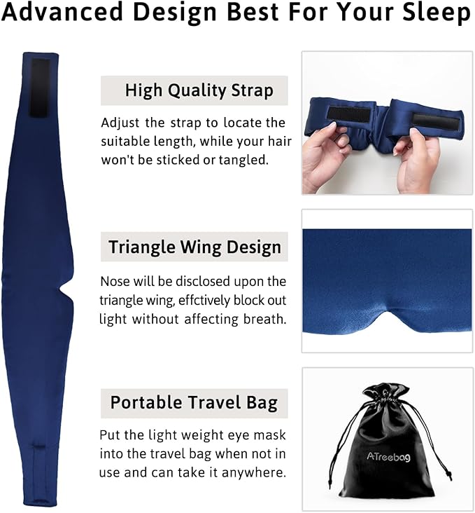 Silk Sleep Mask for Women Men Satin, ATreebag Eye Sleeping Mask & Blindfold with Adjustable Strap, Large Size, 1 PC Navy Blue
