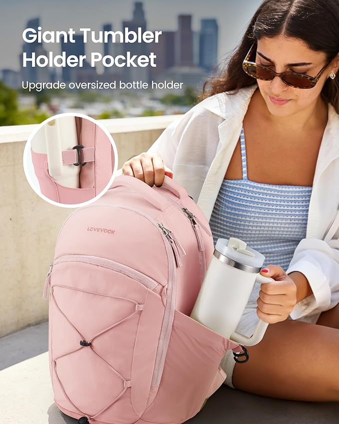LOVEVOOK Everyday Laptop Backpack for Women Men With Giant Tumbler Holder,15.6 Inch Classic Travel Work College Teacher Carryon Backpack Purse,Waterproof Computer laptop Bag Hiking Backpack,Light Pink