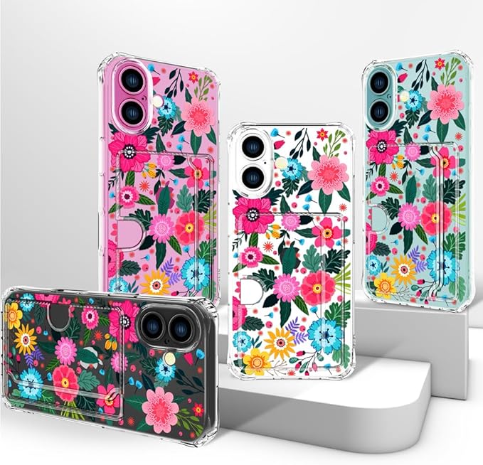 Compatible with iPhone 16 Case Card Holder for Women Cute Design,Wallet Phone Cases Transparent Cool Kawaii Protective (Clear Floral Spring Blossom)