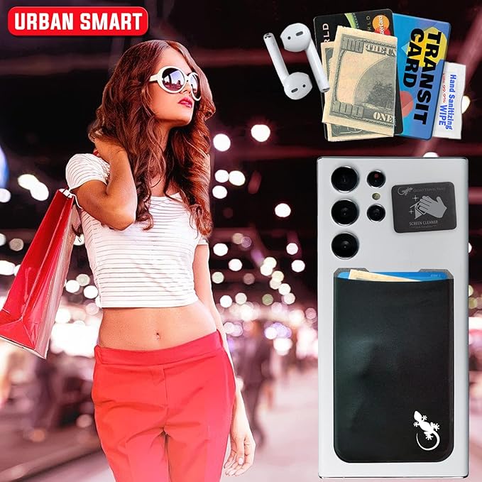Phone Wallet - Adhesive Card Holder - Cell Phone Pouch - Stick on Lycra Pocket by Gecko - Carry Credit Cards and Cash