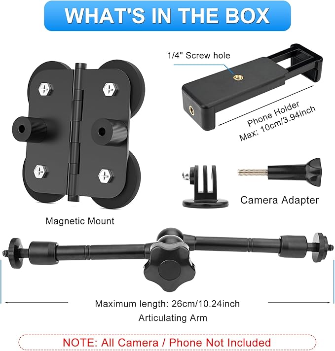 Magnetic Camera Fence Mount, Post Mount for Mevo Start/GoPro/Insta360/DJI OSMO Pocket 3/iPhone, Two 1/4'' Threaded Points Camera Magnet Holder for Game Changer Recording Baseball Softball Tennis Games
